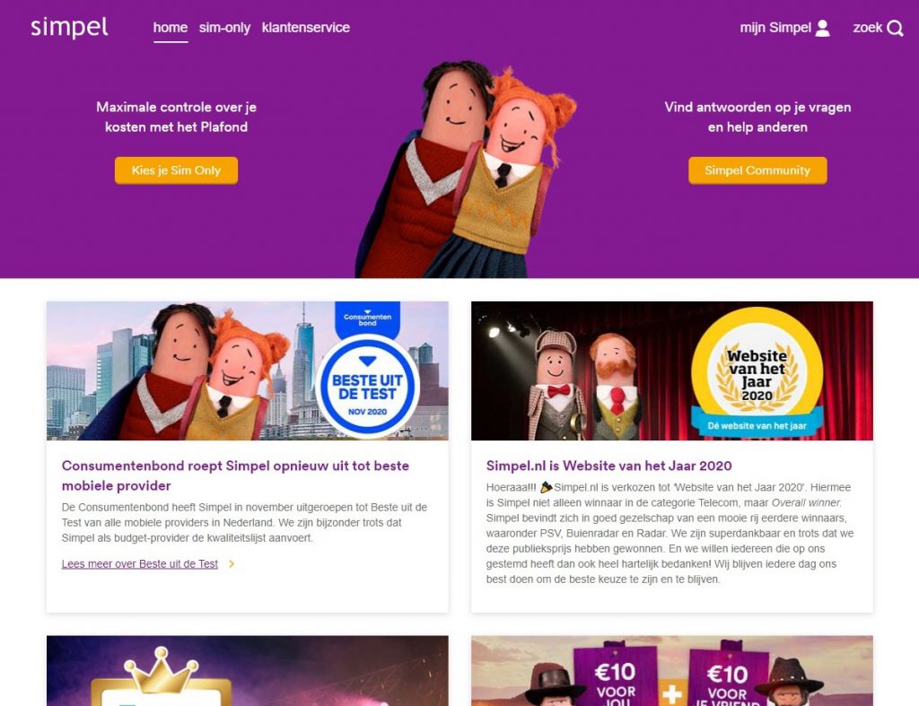 2020 Simpel website | Enrise bouwt voor Simpel.nl ‘Beste website van het jaar’ De site van Simpel.nl is door een half miljoen consumenten verkozen tot ‘Website van het Jaar 2020’. De website is gebouwd door het Amersfoortse bedrijf Enrise en is de overall winnaar van de 20e editie van deze verkiezing.