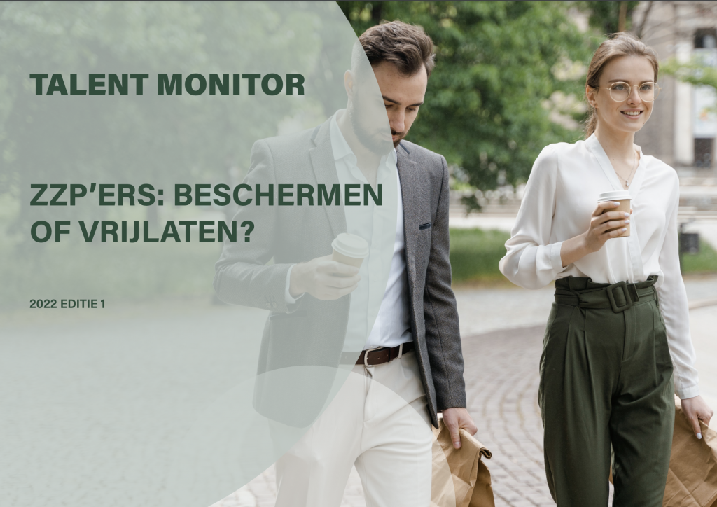 HeadFirst Talent monitor: Slechts tienduizenden van 1,2 miljoen zzp’ers werken voor uurtarief onder 20 euro. Afgebeeld staan een witte man en een witte vrouw in casual-zakelijke kleding. Ze lopen op straat. Op de achtergrond staan bomen en gras. Over de afbeelding staat de tekst: Talent Monitor: ZZP'ers: beschermen of vrijlaten?