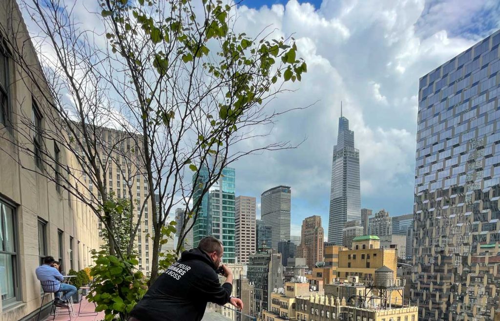 CEO WebinarGeek Remco Treuren looking at the view of the New York office