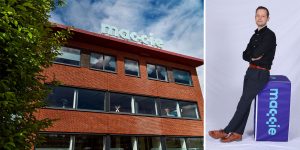 Maqqie bestaat vijf jaar. Afgebeeld staan links het bedrijfspand van Maqqie in Sliedrecht en rechts Pieter Jacob Leenman, oprichter van werkplatform Maqqie